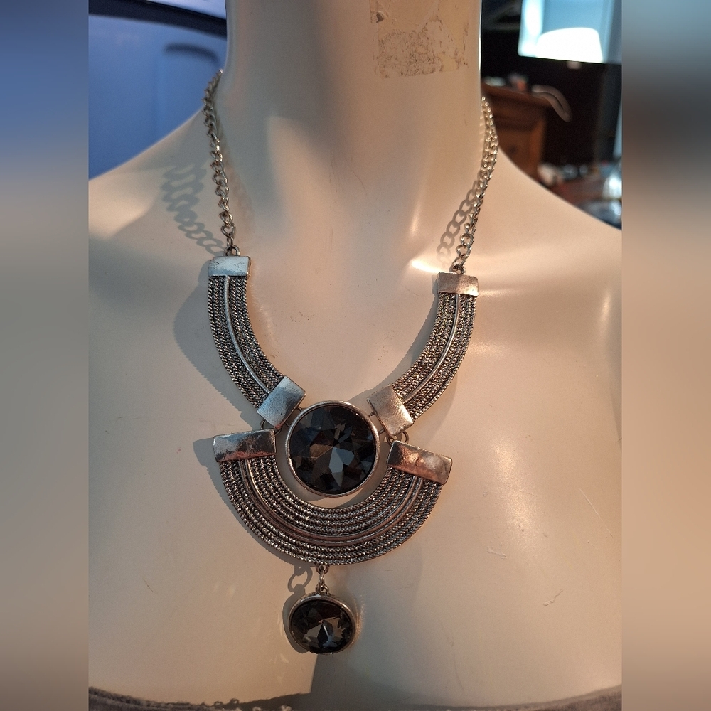Silver Tone Egyptian Boho Smokey Glass Stone Necklace